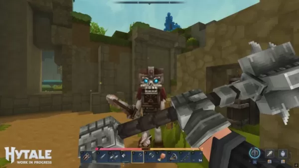 Hytale 玩家裝備著戰錘，與手持劍的骷髏敵對生物對峙