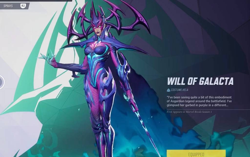 Hela ในความประสงค์ของเธอเกี่ยวกับ Skin Galacta ในเมนูการคัดเลือกเป็นส่วนหนึ่งของบทความเกี่ยวกับสกินคู่แข่ง Marvel ฟรี