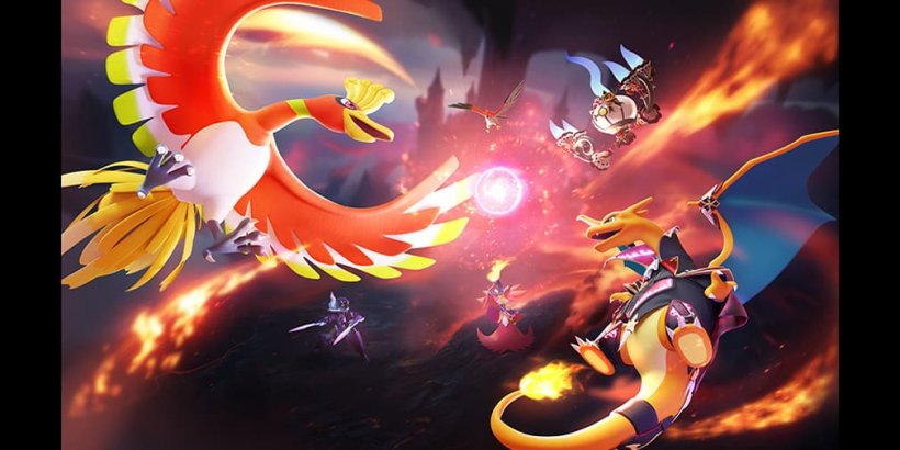 Pokémon de pássaro laranja, branco e amarelo lutando com Pokémon Dragão de Orange