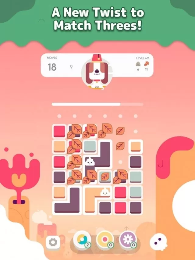A vibrant game screen showcasing innovative match-three gameplay with colorful visuals and an endearing puppy character.