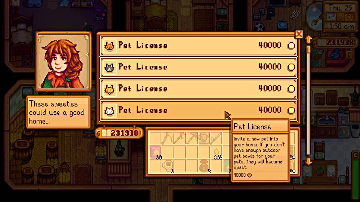 Inventario della licenza per animali domestici Marnie Ranch in Stardew Valley