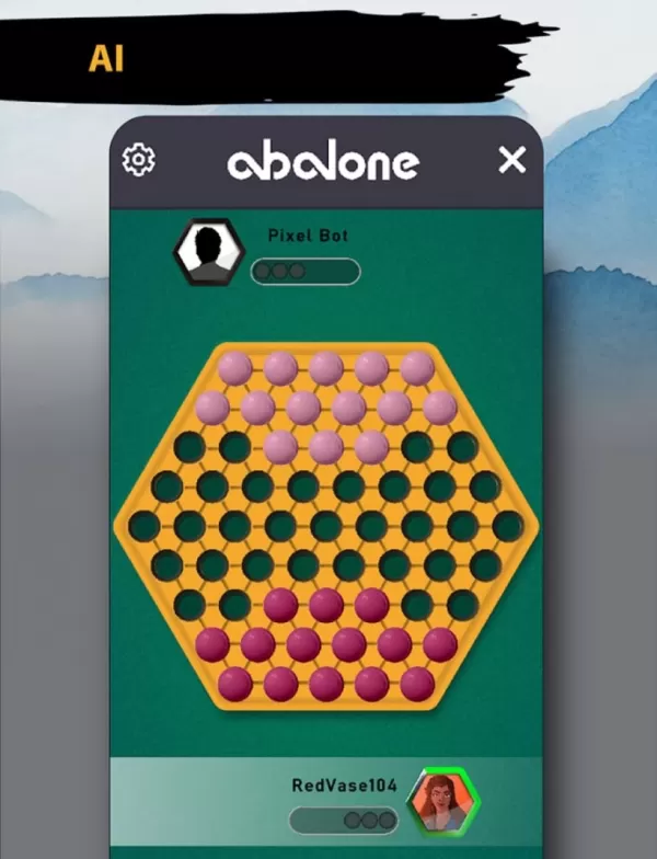 Een screenshot van een abalone spel in uitvoering, met een zeshoekig bord en witte versus zwarte knikkers