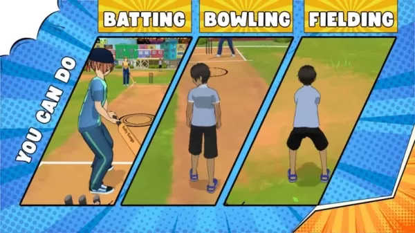 ガリーギャングのゲームプレイのスクリーンショット：バッティング、ボウリング、フィールディングを示すストリートクリケット