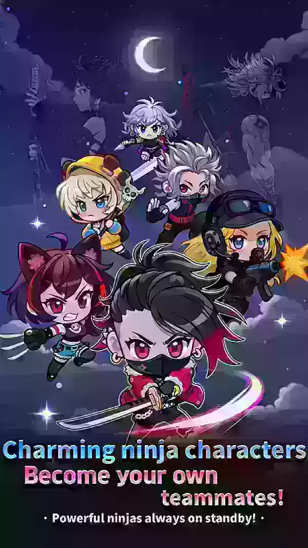 lindos chibis ninjas saltando hacia la pantalla en varias poses