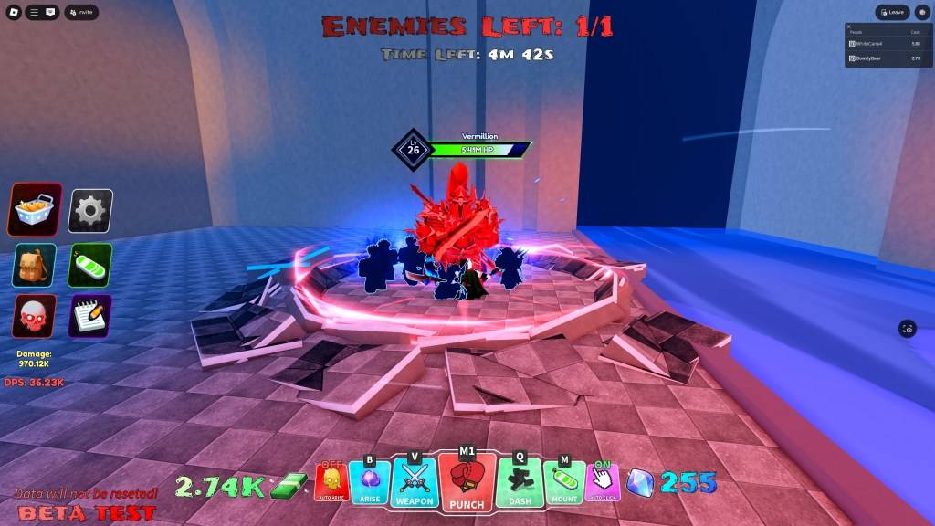 Dois jogadores enfrentando o chefe Vermilion em Arise Crossover