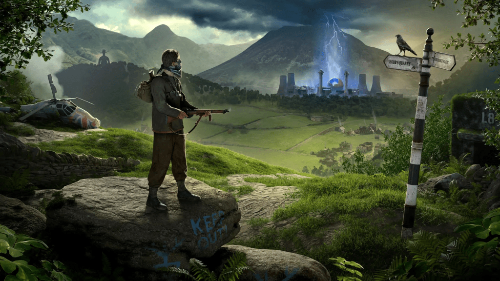 Ein Überlebender mit Gewehr beobachtet unheimliches blaues Leuchten aus geheimnisvoller Anlage